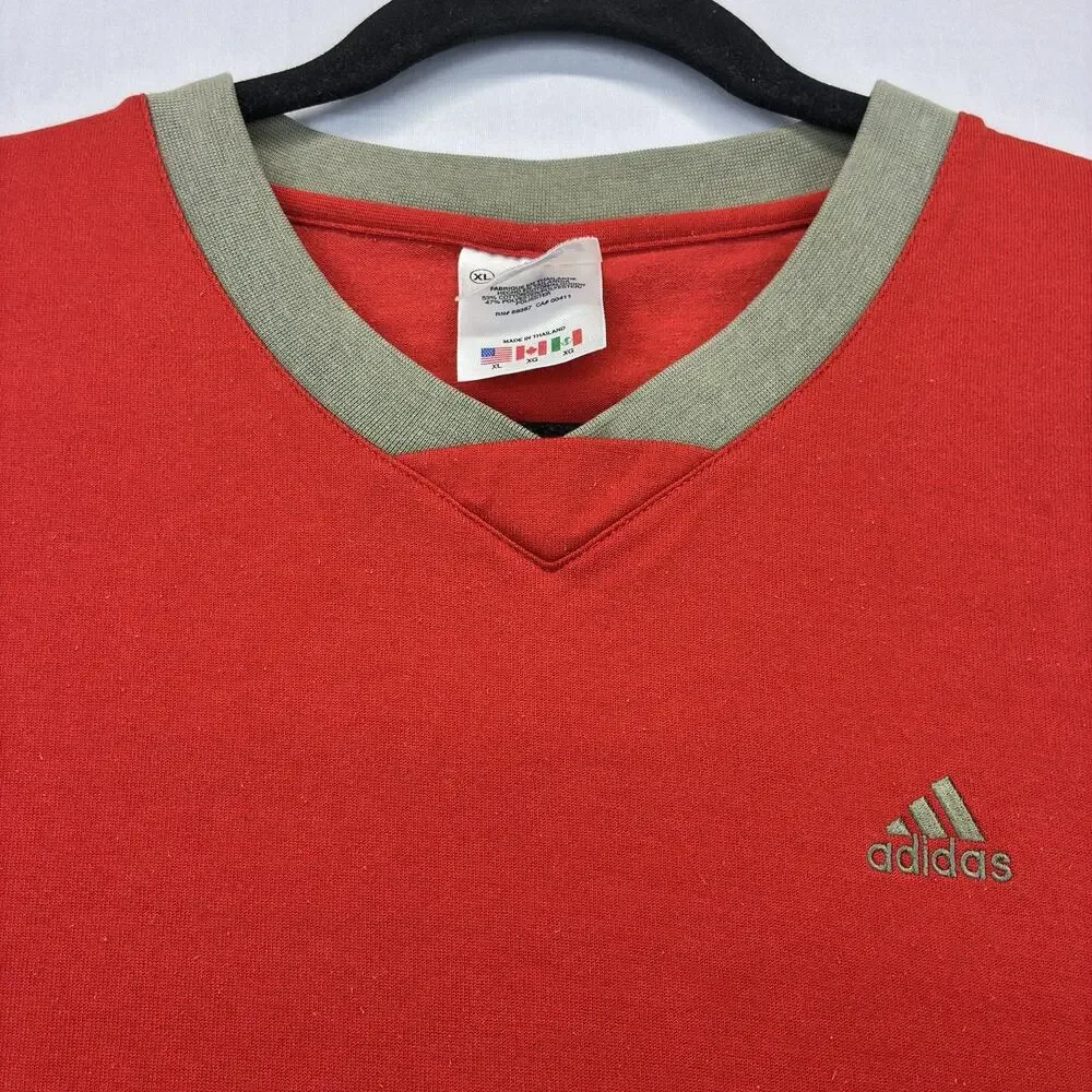 Vintage Adidas Men’s XL Red V-Neck T-Shirt Embroidered Logo Side Stripe Tee